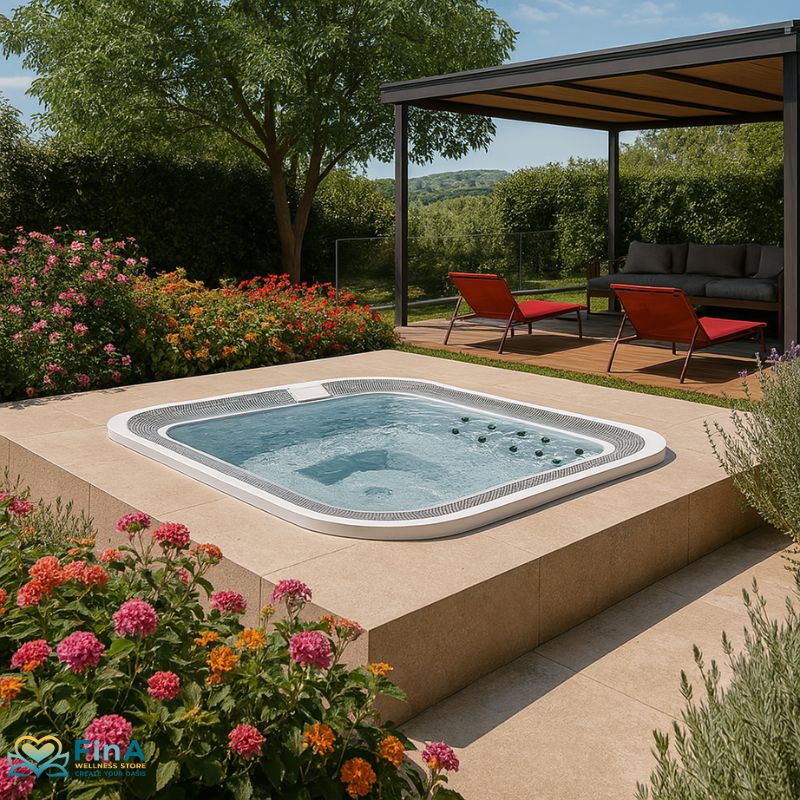 Novellini Moon Outdoor Hot tub in a Mediterranean garden on a stylish roof terrace - surrounded by colorful flowers, lounge area and views of nature.