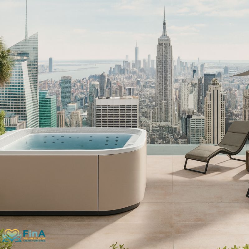 Novellini Moon Outdoor Hot tub for up to 7 Persons on a roof terrace with a view of the New York skyline - modern design, city luxury and relaxation combined.
